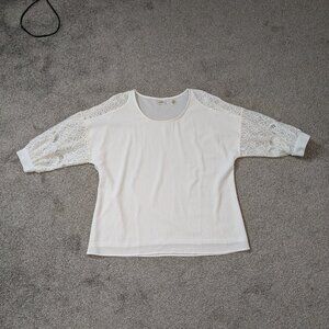 DAYTRIP White Poly Knit w Lace Sleeves Pullover Top Blouse; Size XL